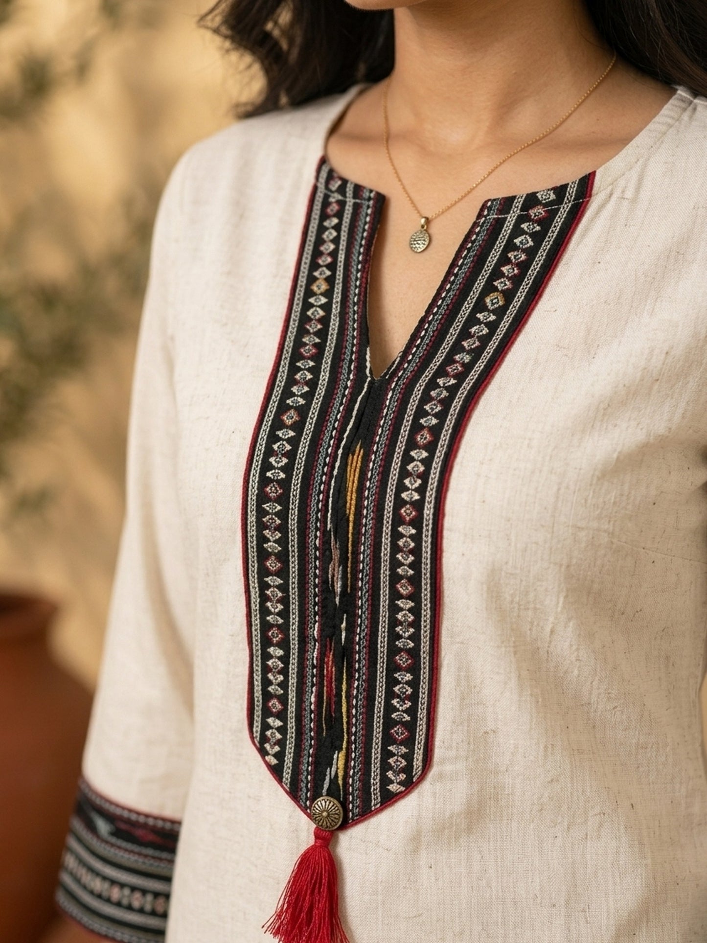 Sophisticated Off-White Cotton Kurta with Ikat Placket Border & Sleeve Band