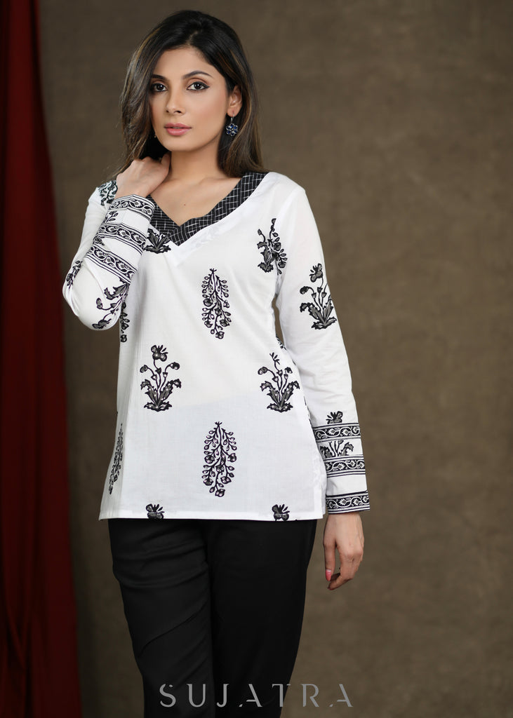 Smart Cotton Printed White Full Sleeves Top