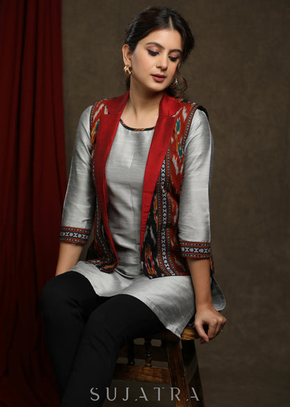 Exclusive Multi color Cotton Ikat Jacket- Grey Cotton silk Tunic Optional