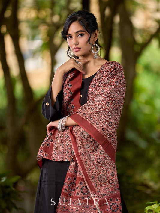 Deep Maroon Cotton Dupatta with Traditional Ajrakh Print