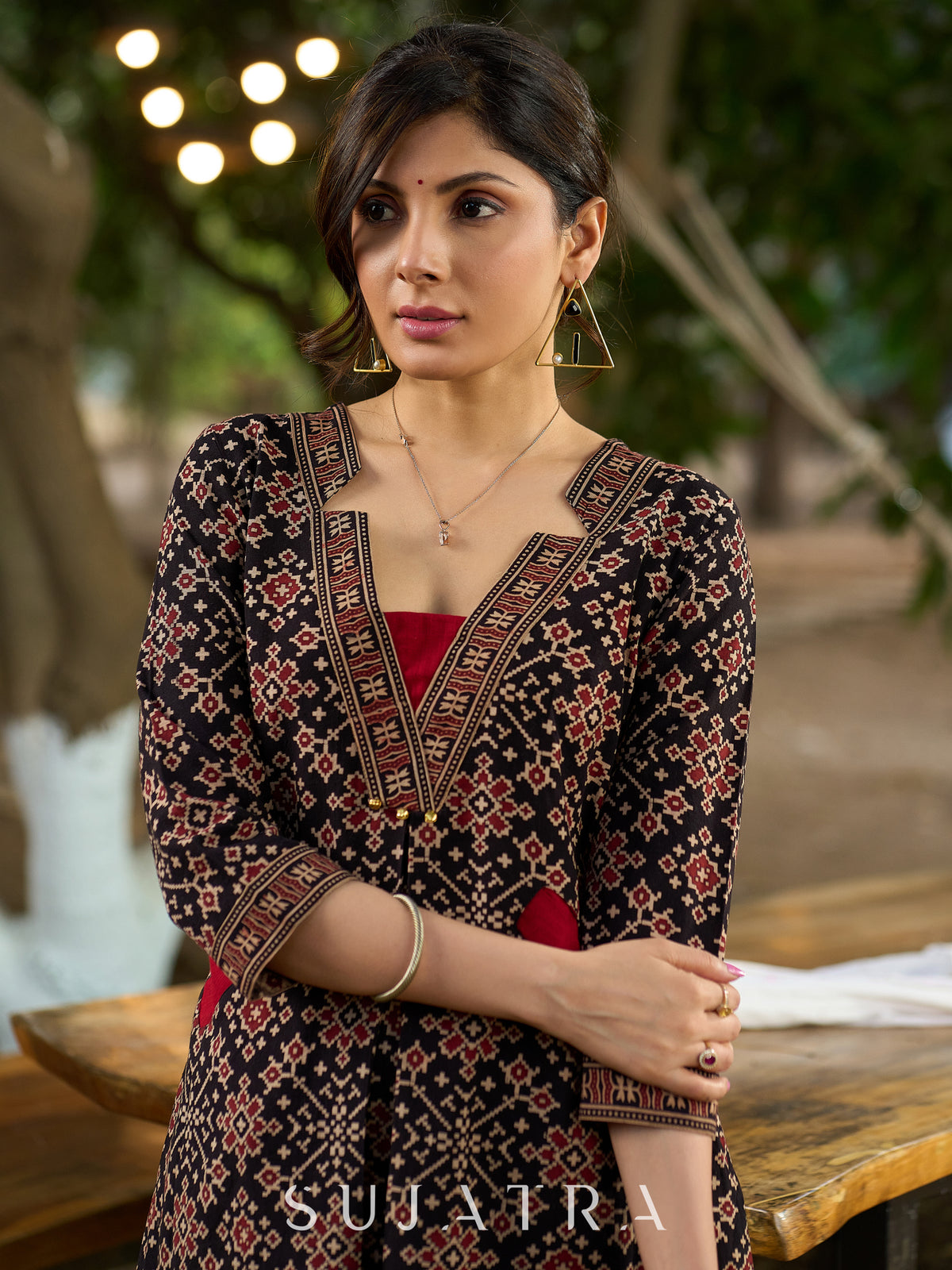 Geometrical Printed Ajrakh Kurta with Contrasting Maroon Highlights - Pant Optional
