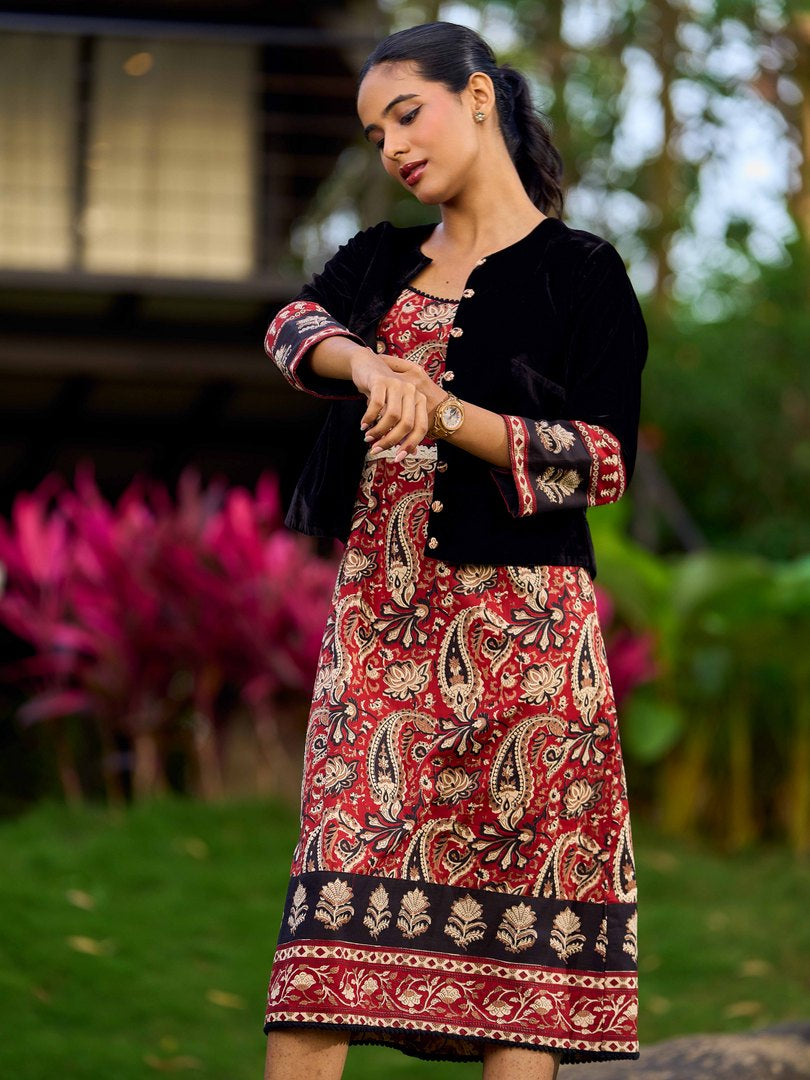 Chic Maroon Cotton Sleeveless Dress With Paisley Block Print And Lace Waist Detail - Jacket Optional