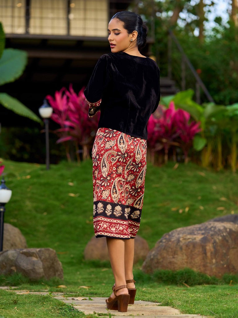 Regal Black Velvet Jacket With Maroon Printed Border Detailing