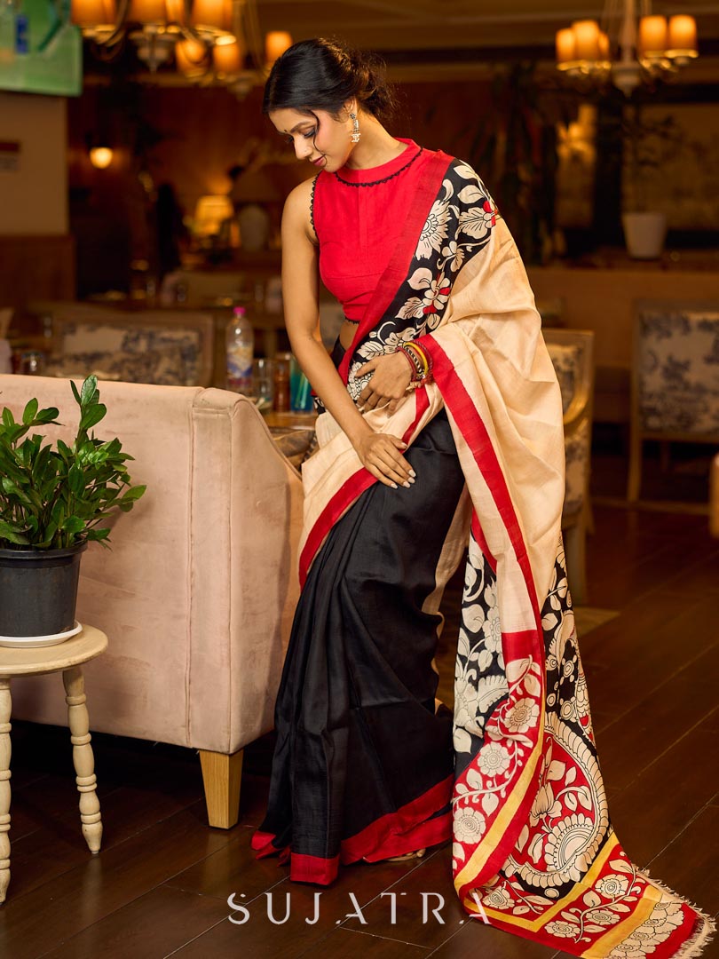 Classic White- Black Pure Silk Saree with Kalamkari Printed Pallu & Red Border