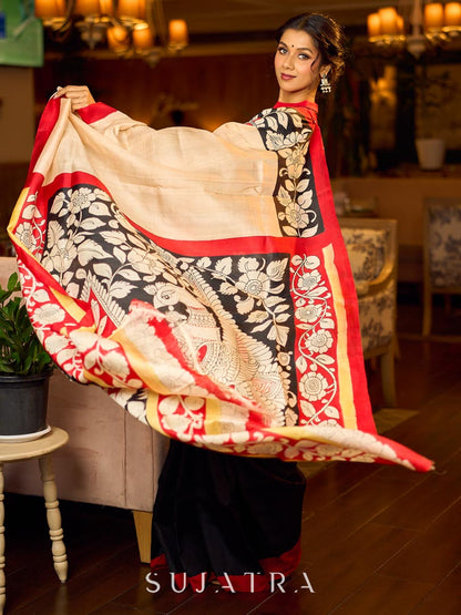 Elegant Black Pure Silk Saree with Red & Ivory Kalamkari Floral Border