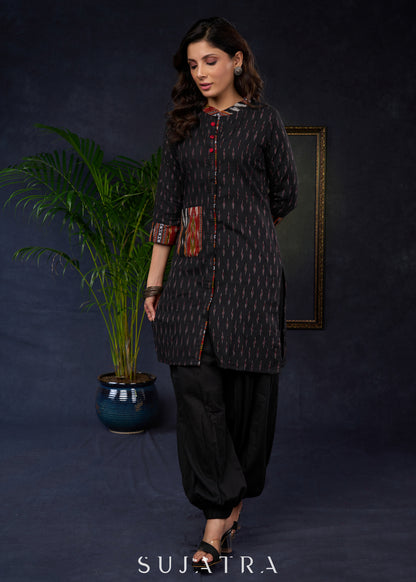 Stylish Black Cotton Ikat Tunic With Intricate Patterns - Pant Optional