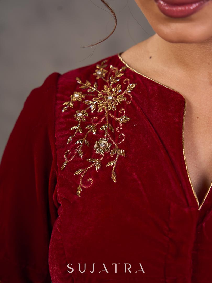 Maroon Velvet Blouse with Antique Gold Hand Embroidery