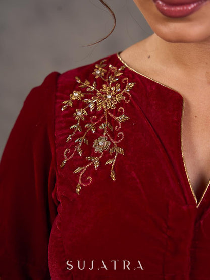 Maroon Velvet Blouse with Antique Gold Hand Embroidery