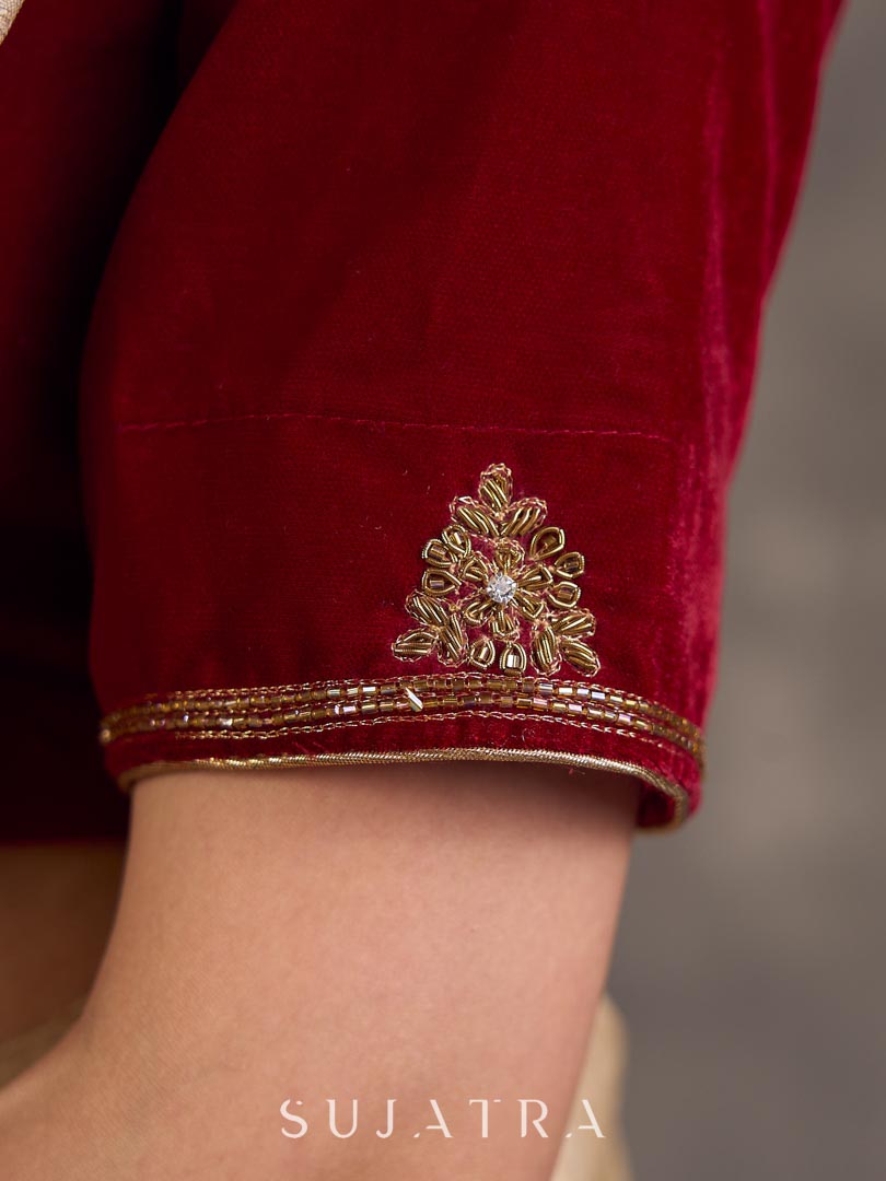 Maroon Velvet Blouse with Antique Gold Hand Embroidery