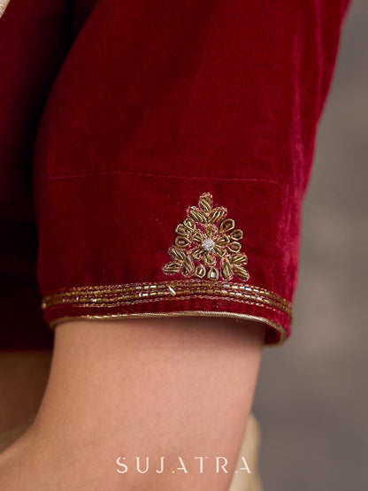 Maroon Velvet Blouse with Antique Gold Hand Embroidery