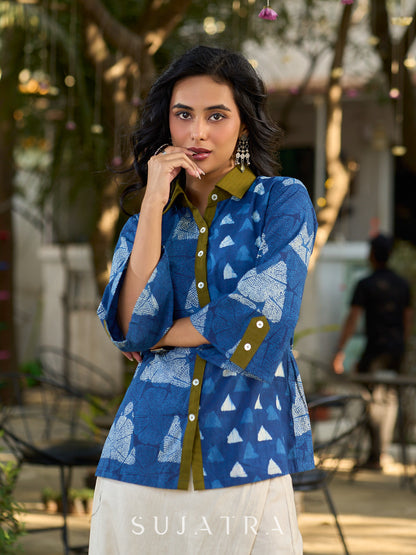 Indigo Contemporary Cotton Shirt with Geometric Pattern and Contrast Accents