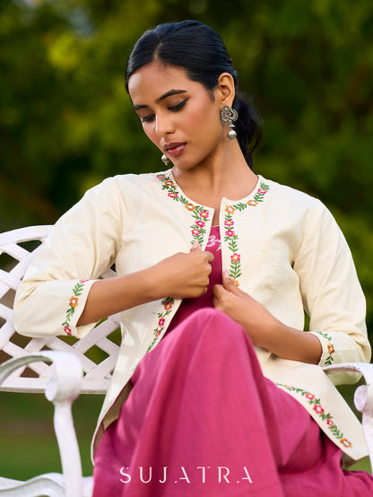 Charming Magenta Cotton Dress with Flared Hem, Ivory Highlights, and Hand-Painted Floral Neckline - Jacket Optional