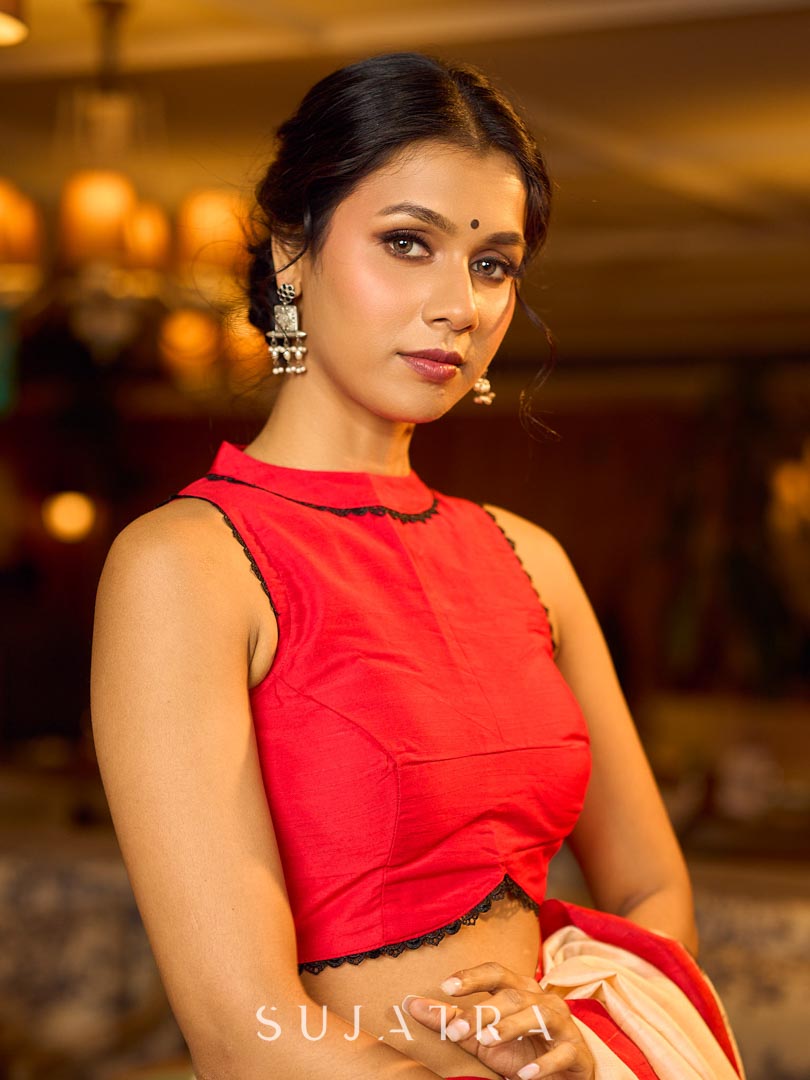 Minimal Red Cotton Silk Halter Neck Blouse with Delicate Lace Detailing