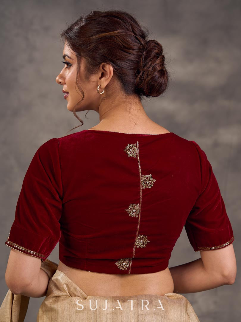 Maroon Velvet Blouse with Antique Gold Hand Embroidery