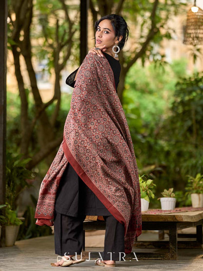 Deep Maroon Cotton Dupatta with Traditional Ajrakh Print