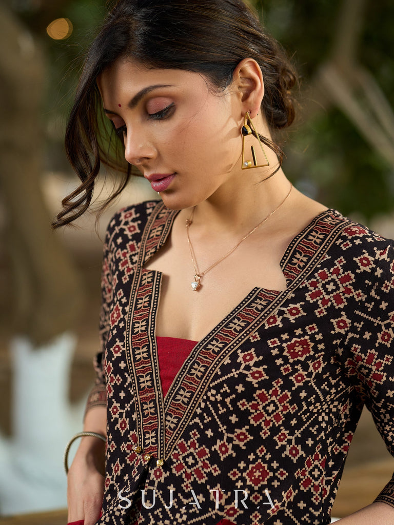 Geometrical Printed Ajrakh Kurta with Contrasting Maroon Highlights