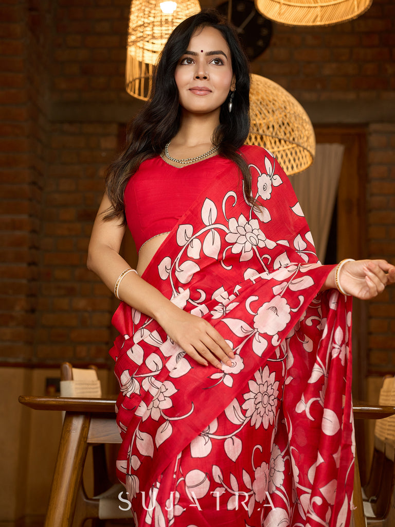 Statement red pure silk saree featuring timeless Kalamkari floral artwork