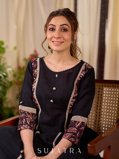 Bold Black Cotton Kurta with Contrast Floral Sleeve Cuffs and Stripe Border Detail