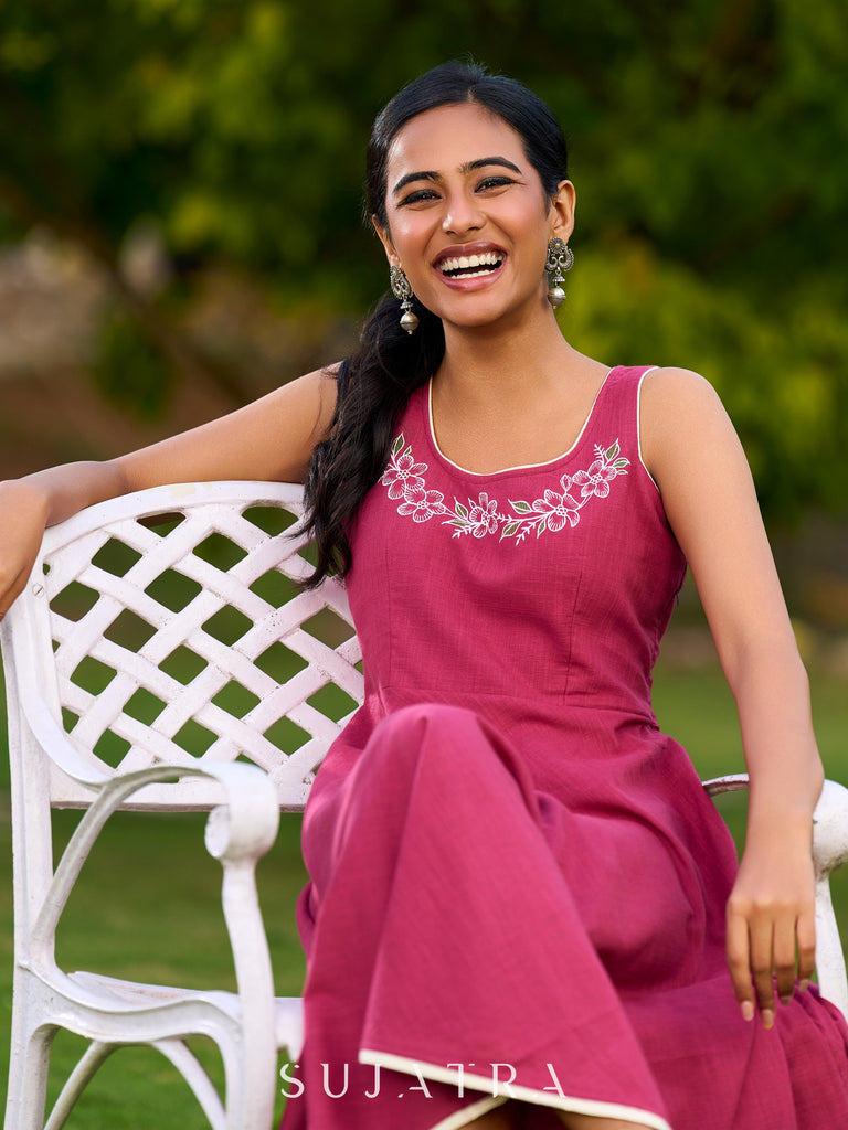 Charming Magenta Cotton Dress with Flared Hem, Ivory Highlights, and Hand-Painted Floral Neckline - Jacket Optional
