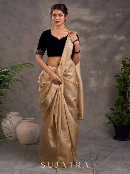 Artisanal Beige Pure Tussar Silk Saree