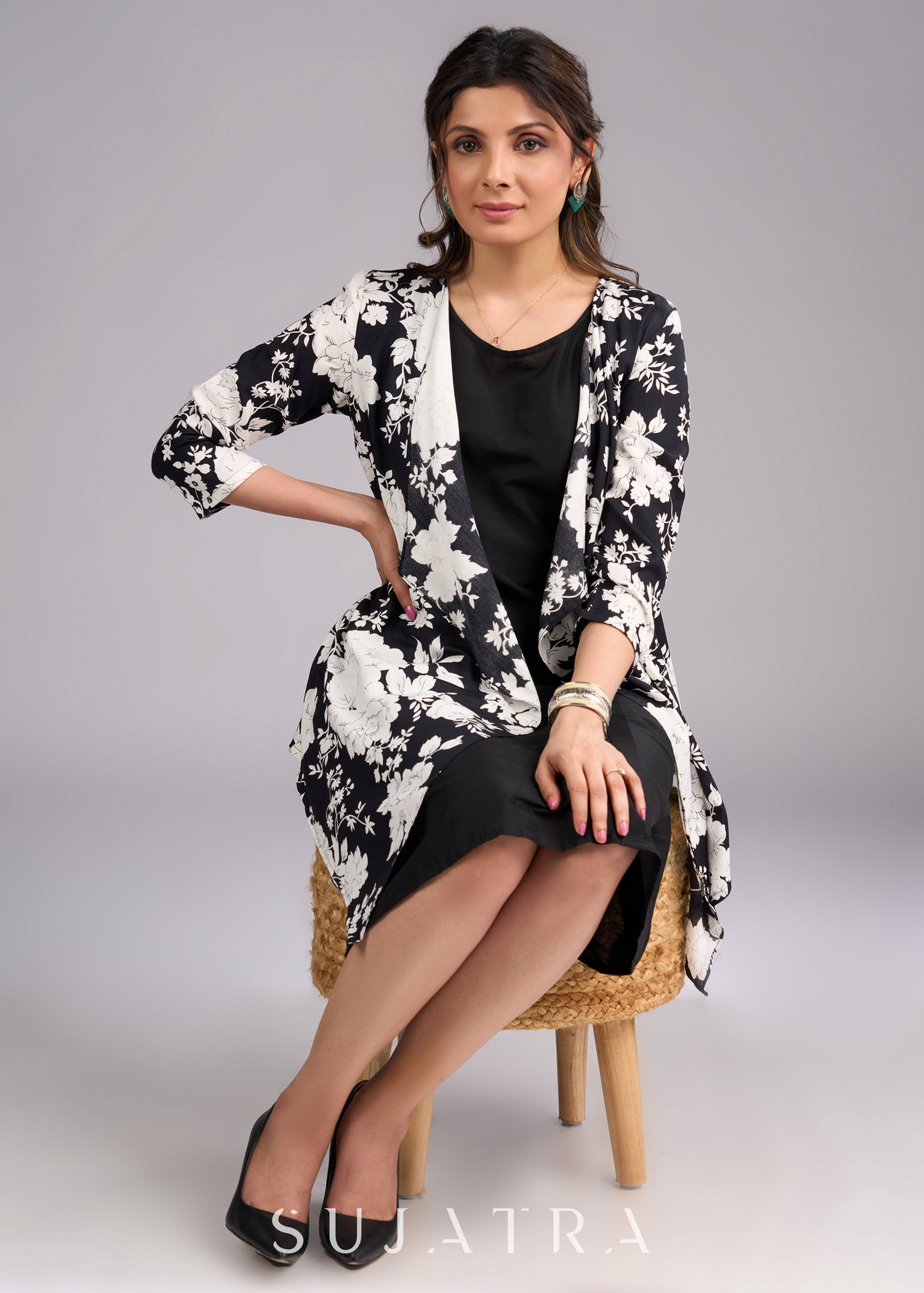 Timeless Monochrome Flowy Black and White Printed Viscose Shrug - Dress optional