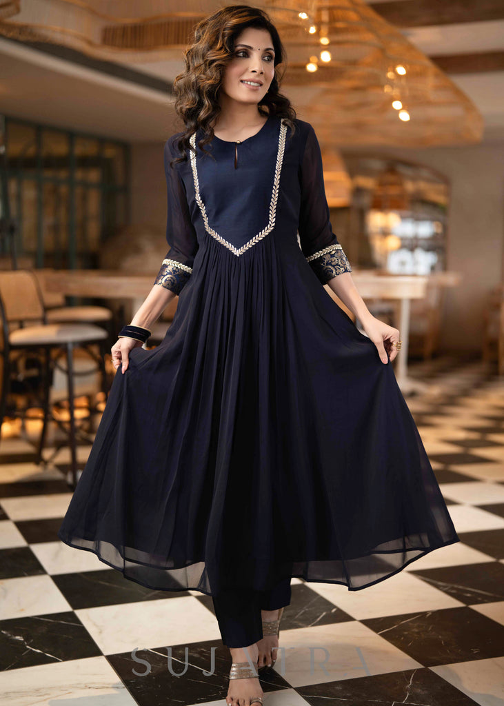 Trendy Navy Blue Cotton Silk & Georgette Kurta With Gold Embroidery On Yoke - Pant Optional
