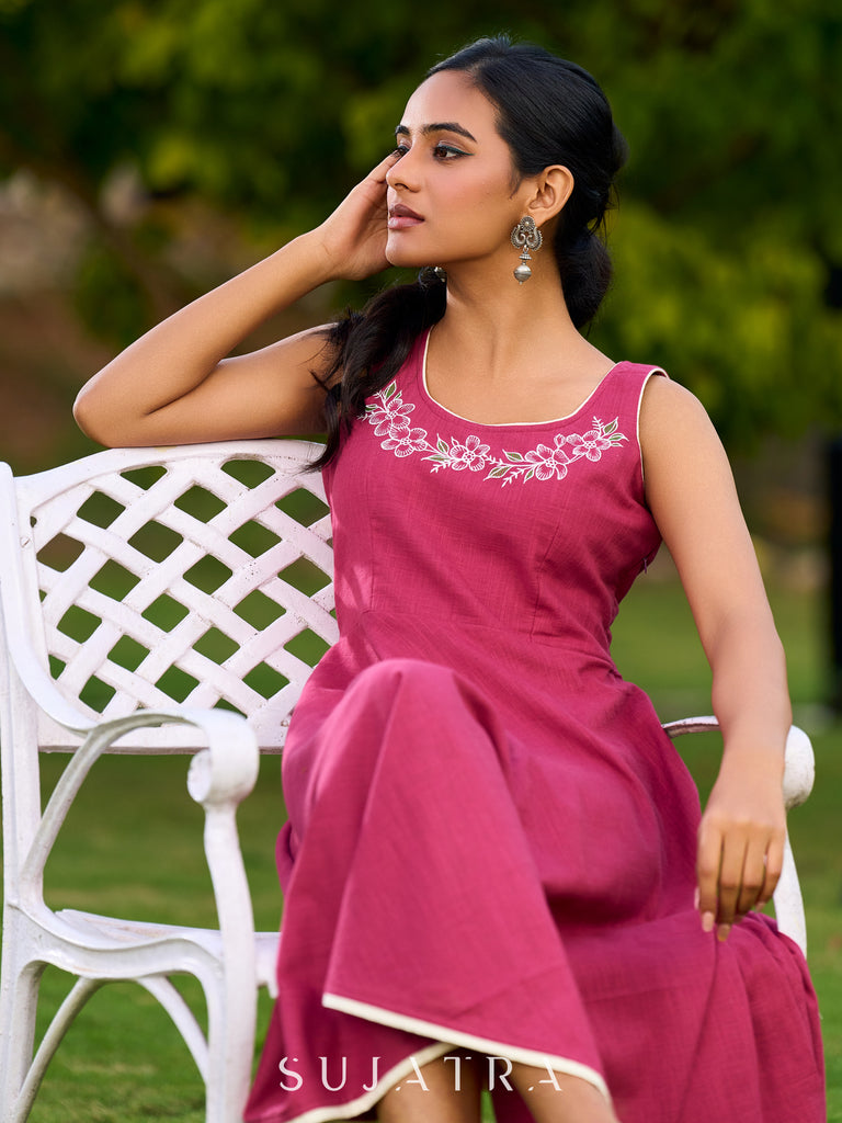 Magenta Cotton Flared Dress Adorned With Artistic Hand Painted Florals On The Neckline