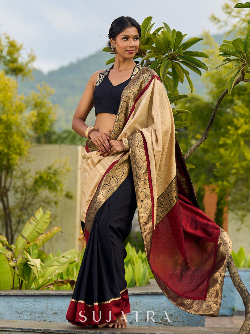 Handcrafted Pure Tussar Silk Saree with Khun Weave & Traditional Banarasi Border
