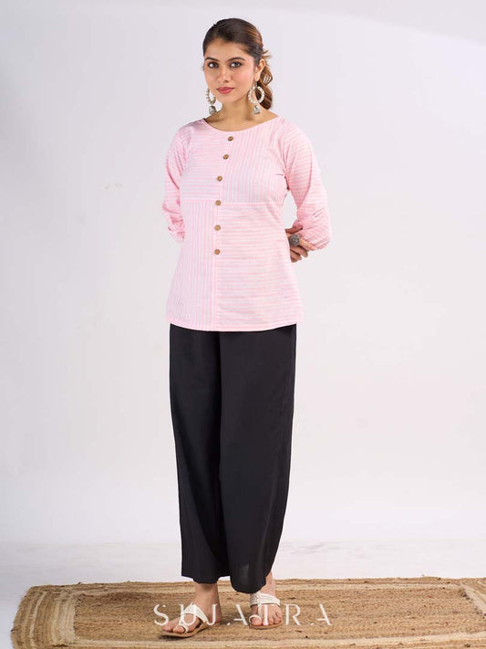 Blush Pink Cotton Modern Top with Asymmetric Stripe Layout