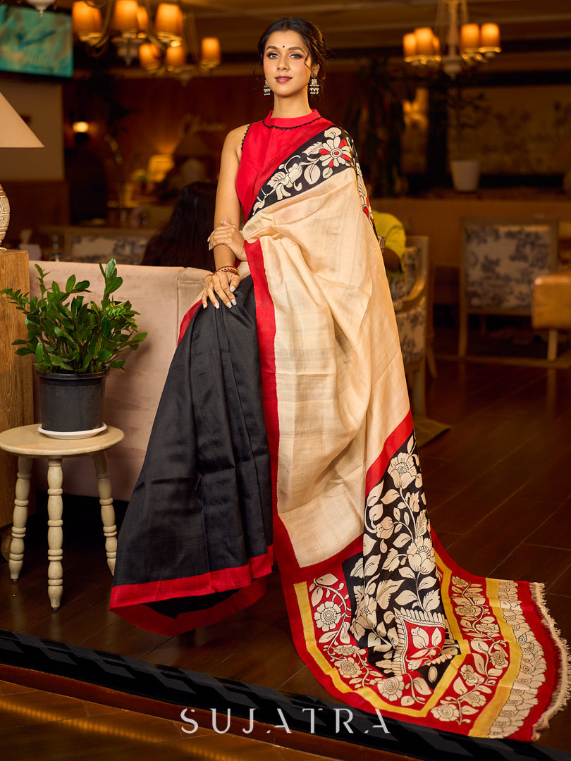 Elegant Black Pure Silk Saree with Red & Ivory Kalamkari Floral Border