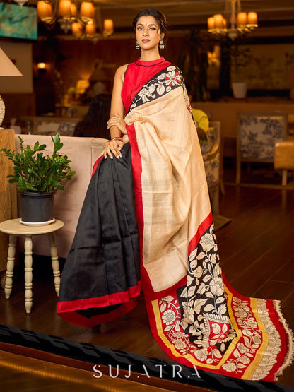 Elegant Black Pure Silk Saree with Red & Ivory Kalamkari Floral Border