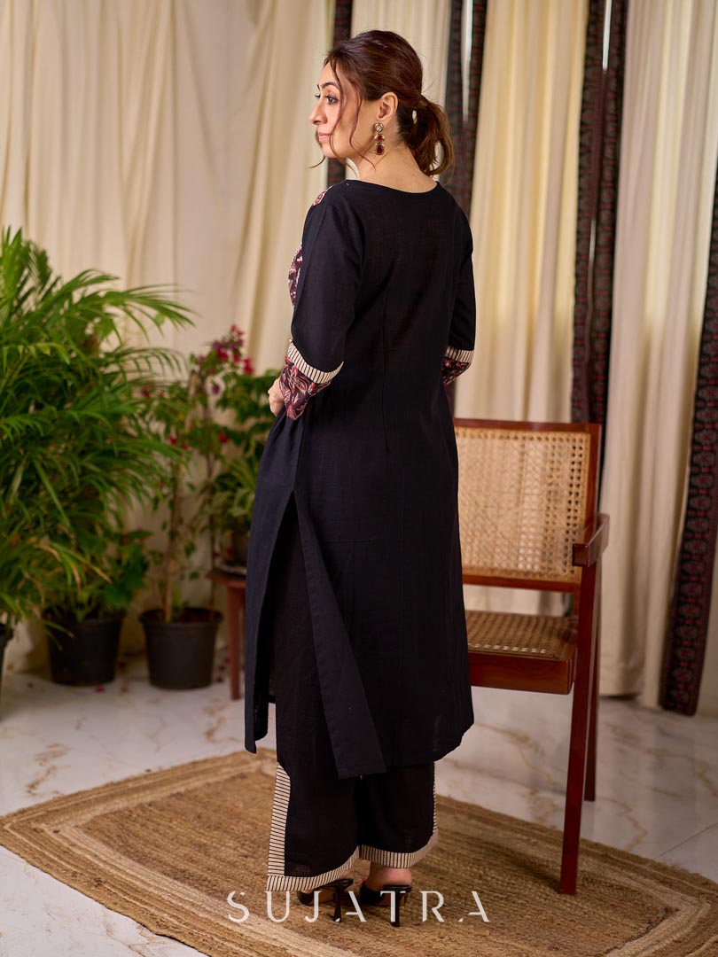 Bold Black Cotton Kurta with Contrast Floral Sleeve Cuffs and Stripe Border Detail