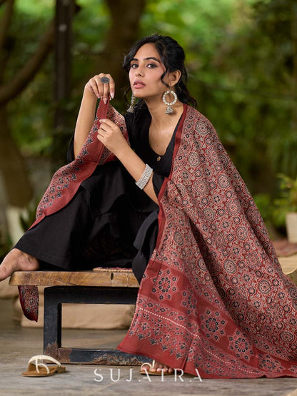 Deep Maroon Cotton Dupatta with Traditional Ajrakh Print