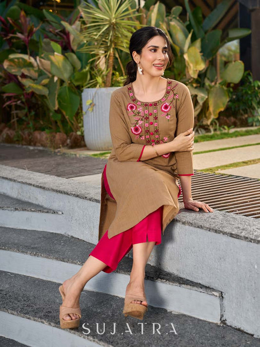 Sophisticated Beige Cotton Kurta Adorned with Contrasting Floral Thread Hand Embroidery