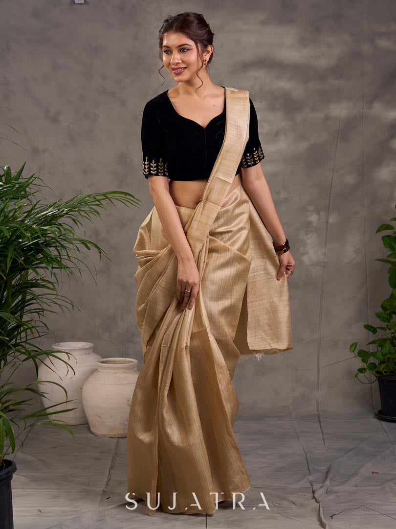 Artisanal Beige Pure Tussar Silk Saree
