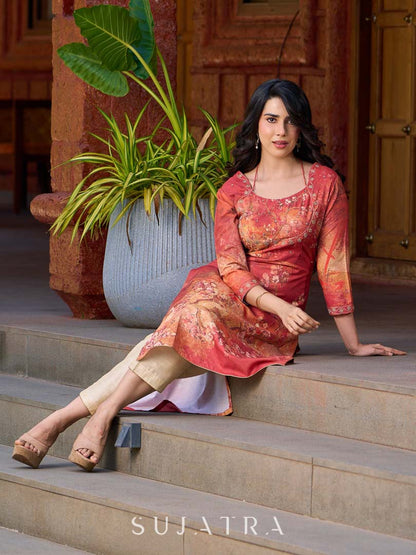 Amber crimson blossom printed kurta with golden pearl handwork on the yoke and dainty tie-up neck details.