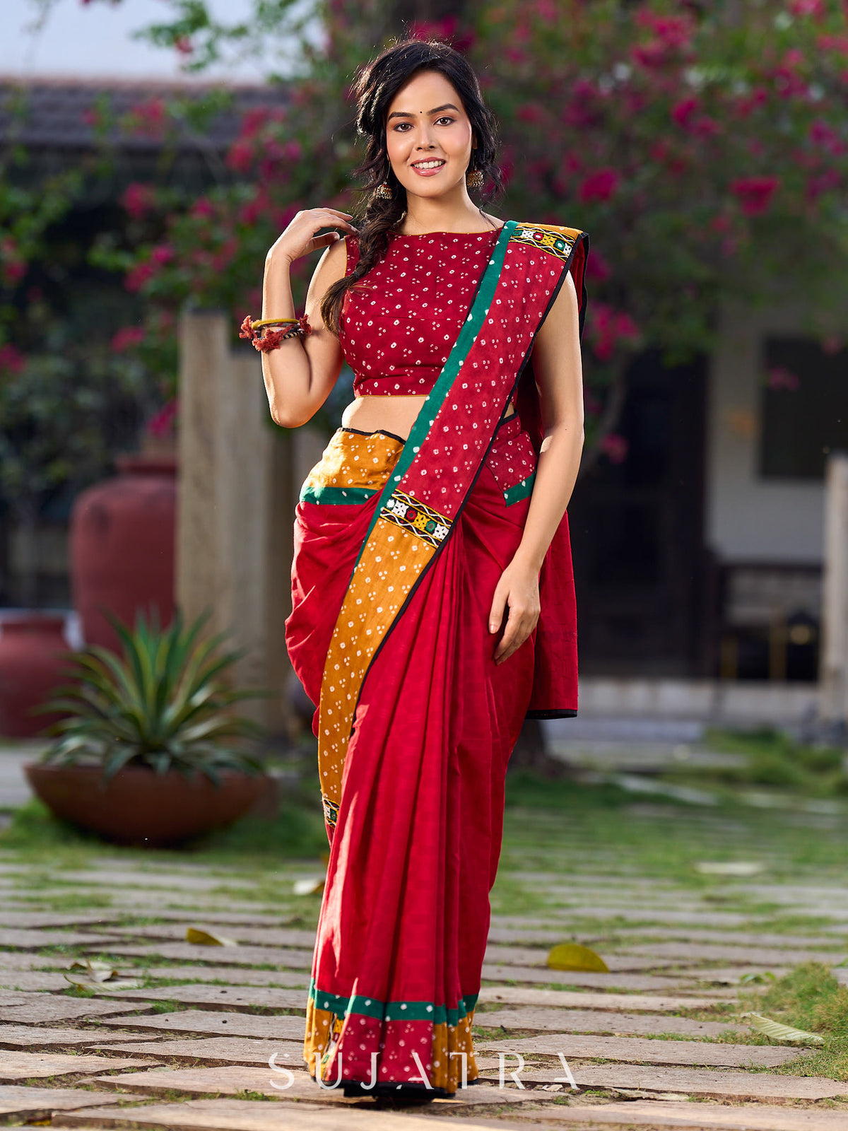 Maroon Jacquard Cotton Saree with Mustard & Red Bandhani Accents