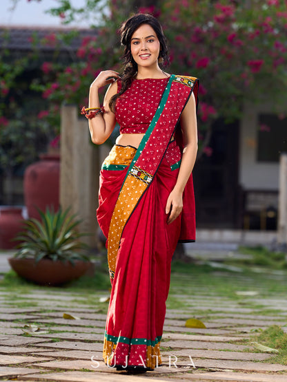 Maroon Jacquard Cotton Saree with Mustard & Red Bandhani Accents