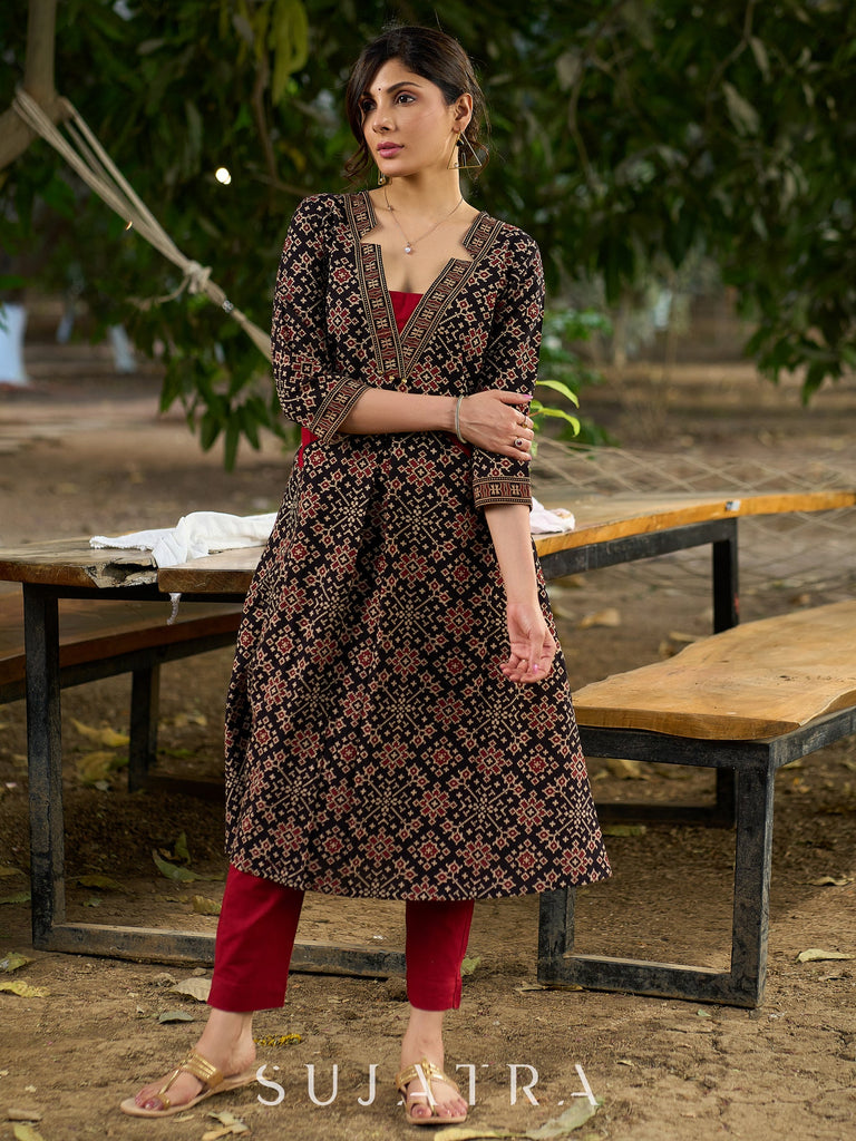 Geometrical Printed Ajrakh Kurta with Contrasting Maroon Highlights