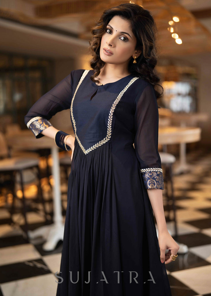 Trendy Navy Blue Cotton Silk & Georgette Kurta With Gold Embroidery On Yoke - Pant Optional