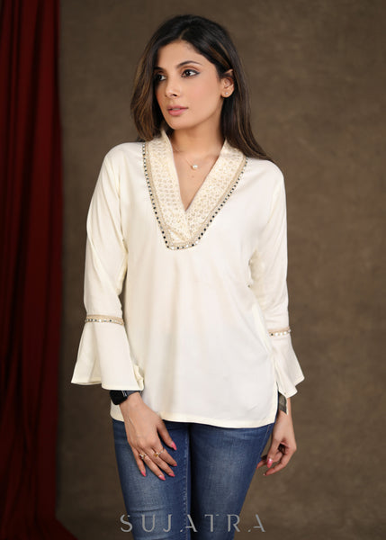 Off White Rayon Occasion Wear Top with Bell Sleeves & lace detaling