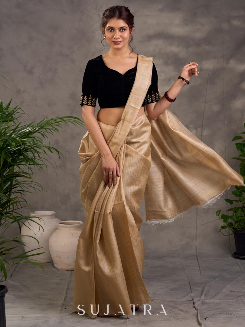 Artisanal Beige Pure Tussar Silk Saree