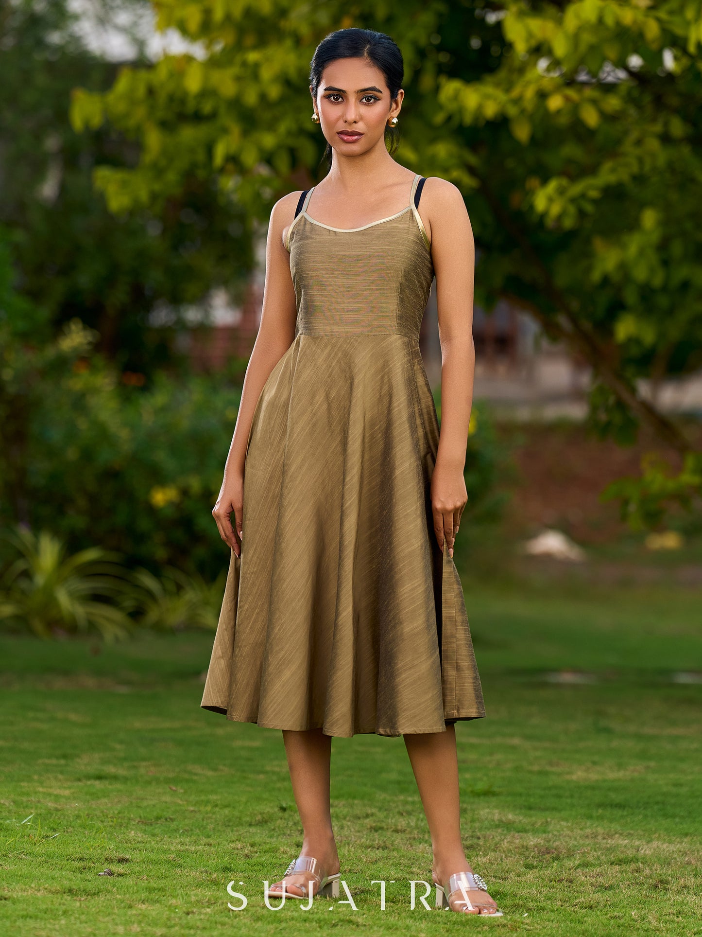 Chic Gold Silk Slip Dress Embellished with Adjustable Shimmering Straps - Jacket Optional