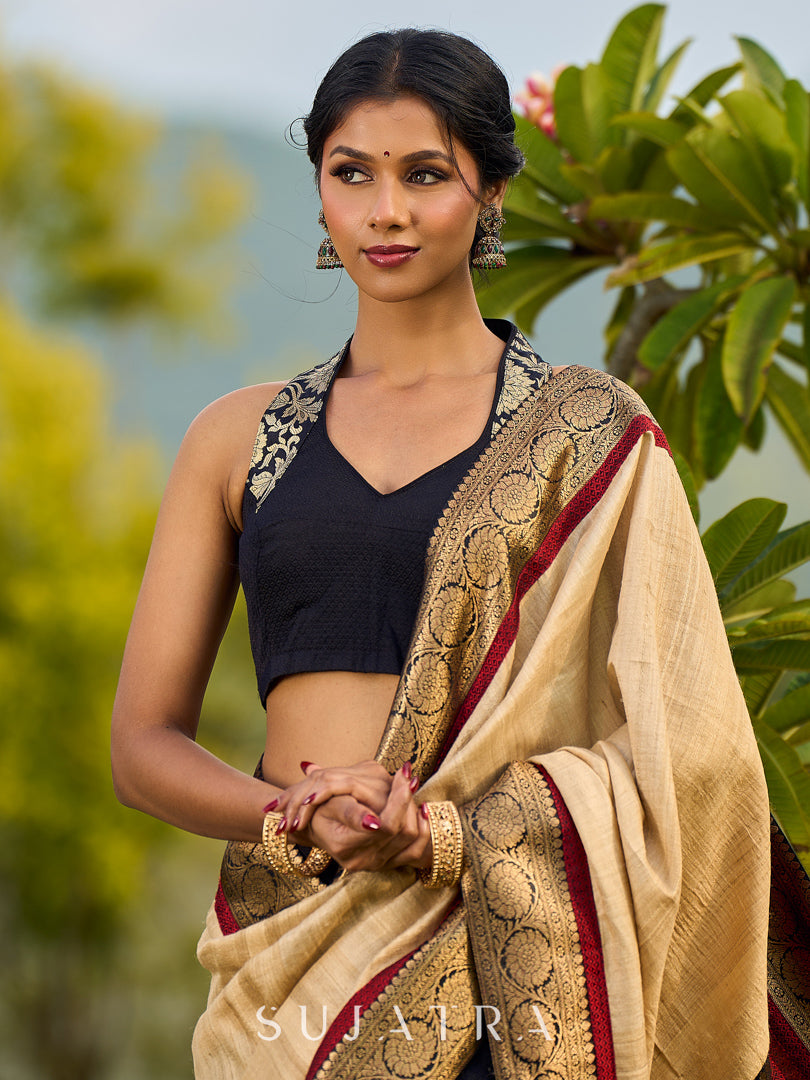 Handcrafted Pure Tussar Silk Saree with Khun Weave & Traditional Banarasi Border