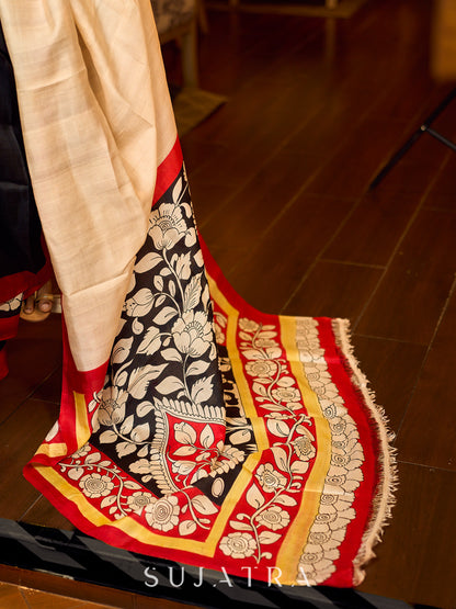 Elegant Black Pure Silk Saree with Red & Ivory Kalamkari Floral Border