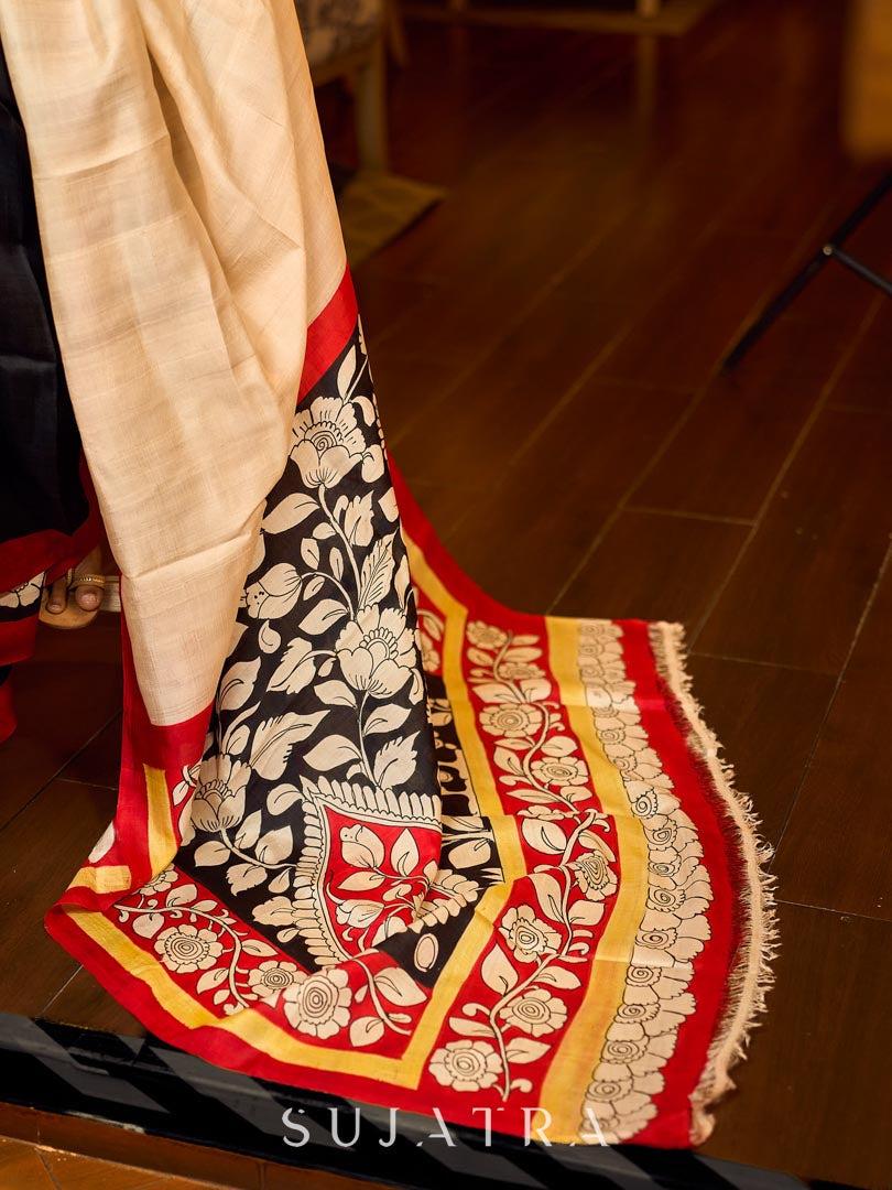 Classic White- Black Pure Silk Saree with Kalamkari Printed Pallu & Red Border