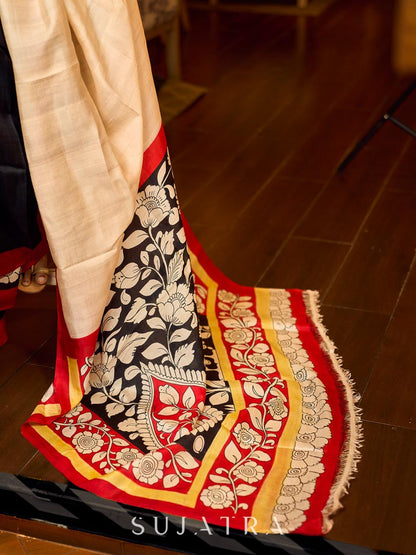 Elegant Black Pure Silk Saree with Red & Ivory Kalamkari Floral Border