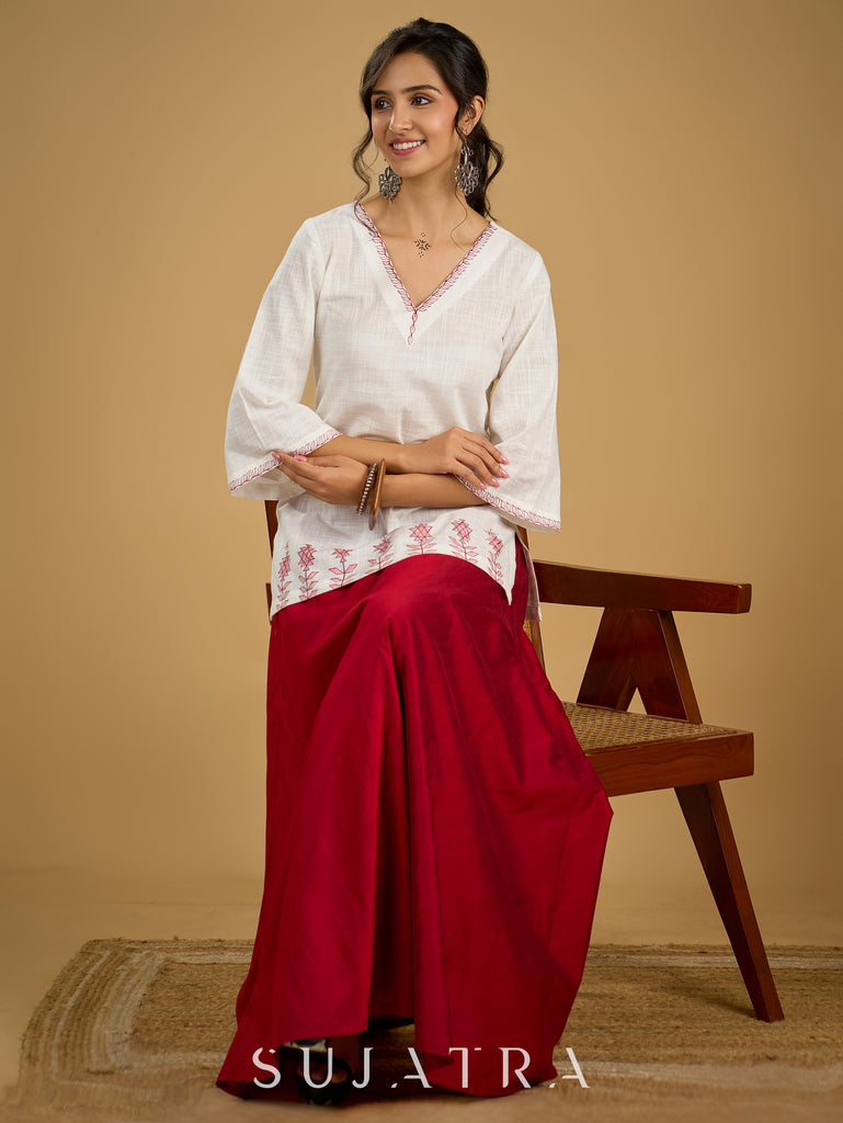 Graceful hand painted white cotton top - Skirt optional