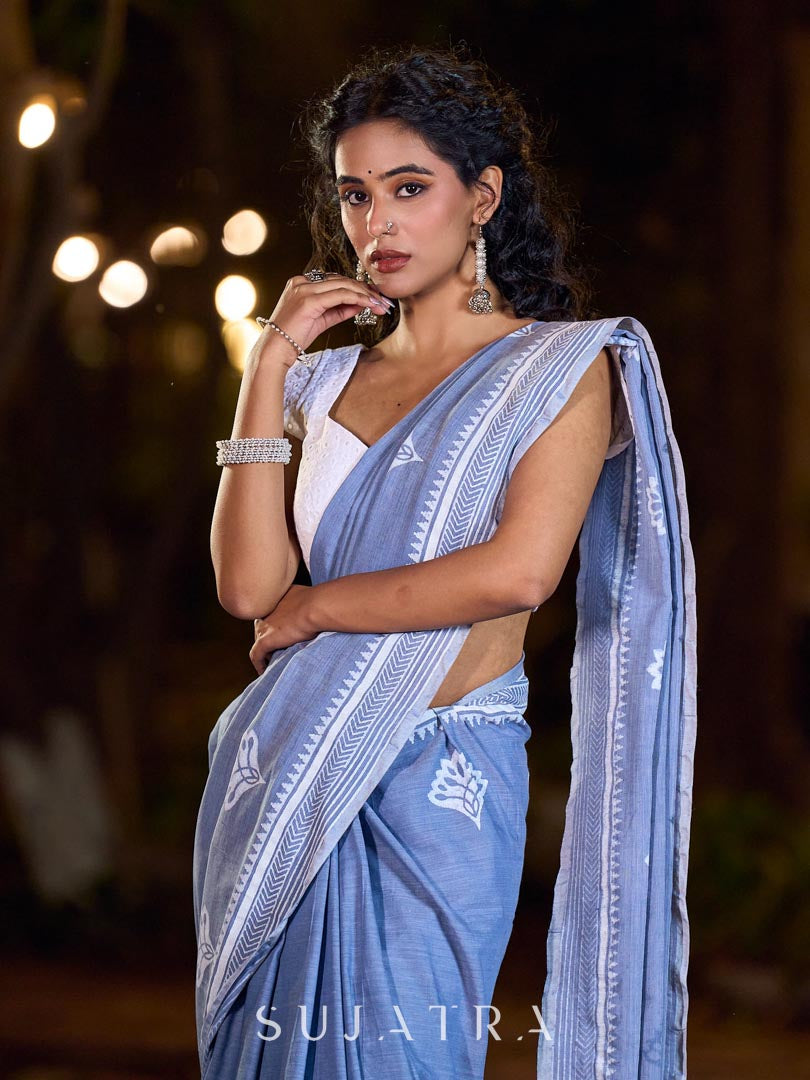 Graceful Slate Blue Cotton Saree with Delicate Floral Hand Block Print and Classic Border