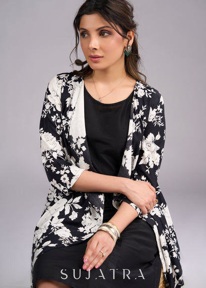 Timeless Monochrome Flowy Black and White Printed Viscose Shrug - Dress optional